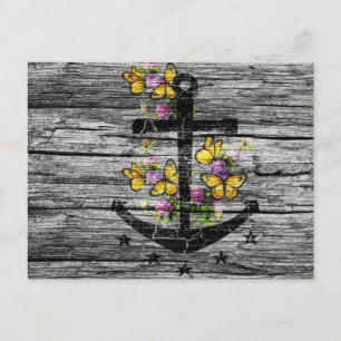 Vintage Wood & Black Anchor med Gult Butterfly Vykort