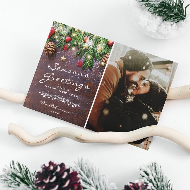 Vintage Wood Säsonhälsningars Photo Julkort (Skapare uppladdad)