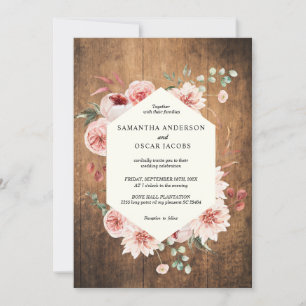 Vintage Wood & Watercolor Pastel Flowers Bröllop I Inbjudningar