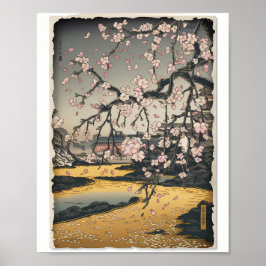 Vintage Woodblock Sakura Scene Poster