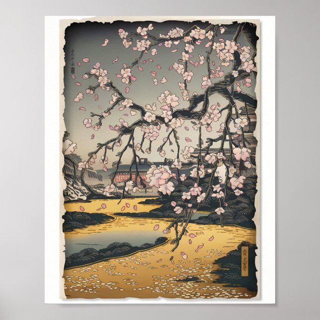 Vintage Woodblock Sakura Scene Poster (Framsidan)