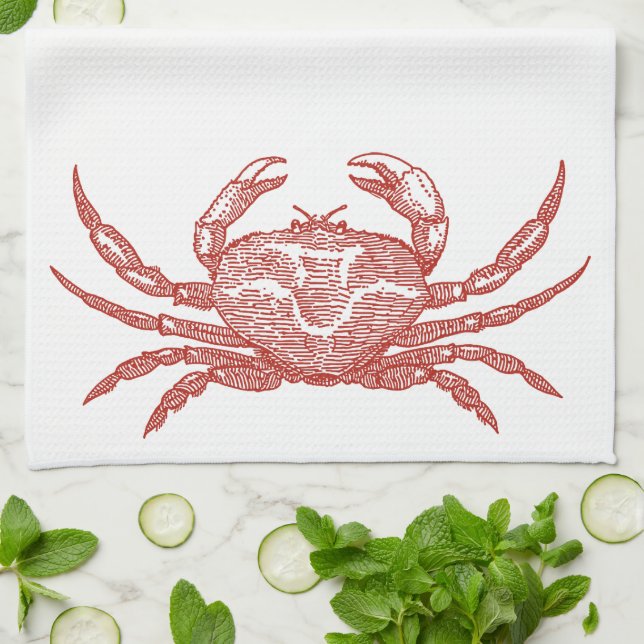 Vintage Woodcut Crab Kökshandduk (Vikta)