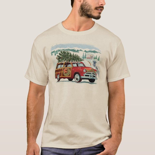 Vintage Woodie Wagon + Julgran T Shirt (Framsida)