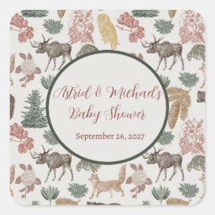 Vintage Woodland Animal Favor-Bears,Moose&Blommigt Fyrkantigt Klistermärke