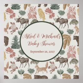 Vintage Woodland Animals Baby Shower- Bears, Foxes Poster