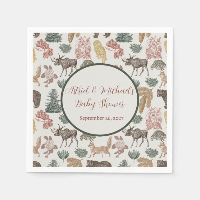 Vintage Woodland Animals Baby Shower-Foxes, Moose Pappersservett (Framsidan)