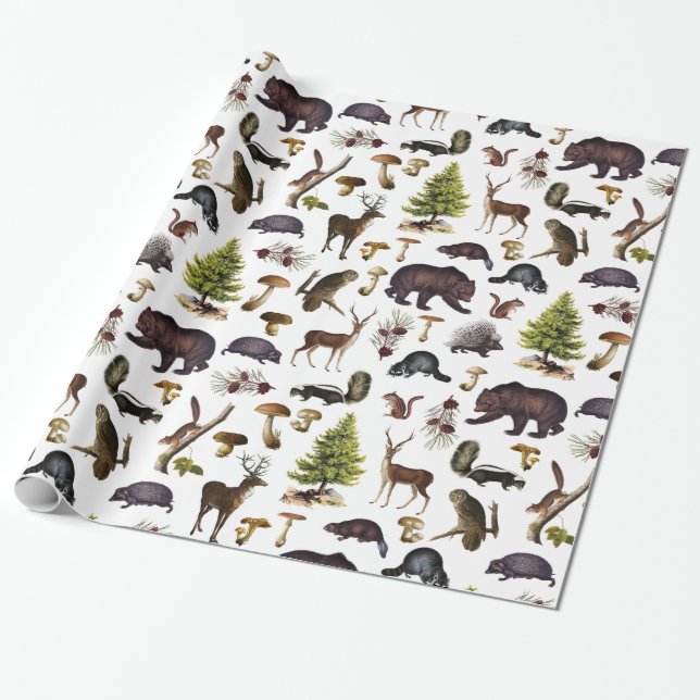 Vintage Woodland Animals Wrapping Papper Presentpapper (Utrullad)