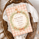 Vintage Woodland Fox Baby Shower Inbjudningar<br><div class="desc">A charming woodland-inspired baby shower design featuring a sweet watercolor fox resting above a delicate floral wreath. Soft greenery, tiny mushrooms, and wildflowers create a cozy forest frame, finished with a warm bow and a soft peach gingham background. The vintage storybook illustration style and gentle earthy palette give the design...</div>