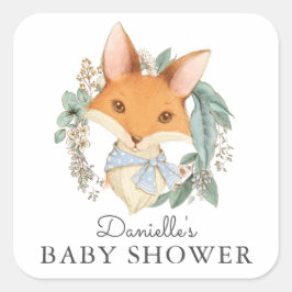 Vintage Woodland Fox Blue Baby Shower Fyrkantigt Klistermärke