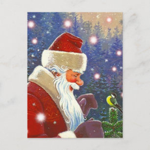 Vintage Woodland Santa & Chickadee Träd Topper Helg Vykort