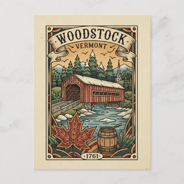Vintage Woodstock Vermont Travel Vykort (Framsida)