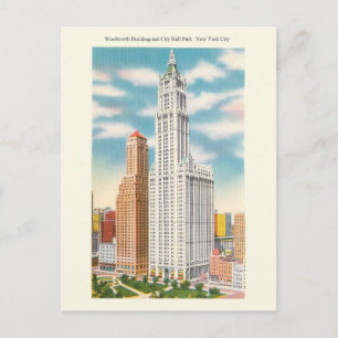 Vintage Woolworth Bldg and City Hall Park Postcard Vykort