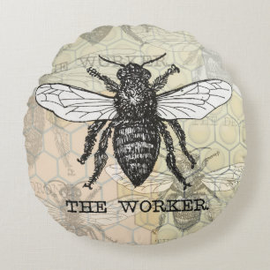 Vintage Worker Bee Illustration Art Rund Kudde