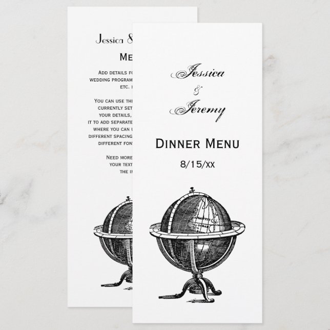Vintage World Globe Lithograph Teckning BW Inbjudningar (Fram/baksida)