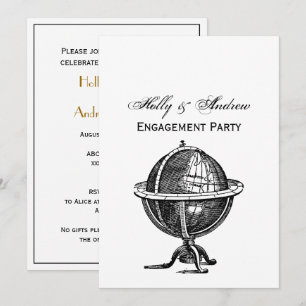 Vintage World Globe Lithograph Teckning BW Inbjudningar