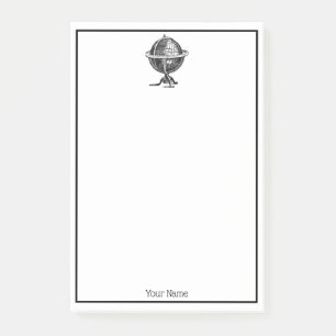 Vintage World Globe Lithograph Teckning BW Post-it Block