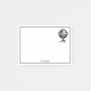 Vintage World Globe Lithograph Teckning BW Post-it Block