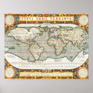 Vintage World Map av Abraham Ortelius 1587-1595 Poster