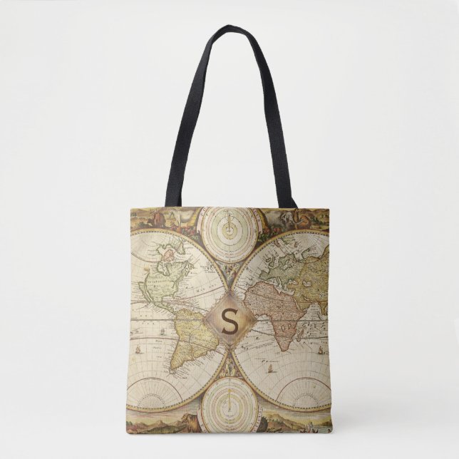 Vintage World Map Monogram Tygkasse (Framsida)