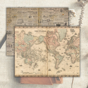 Vintage World Map Old Papper Junk Journal Page