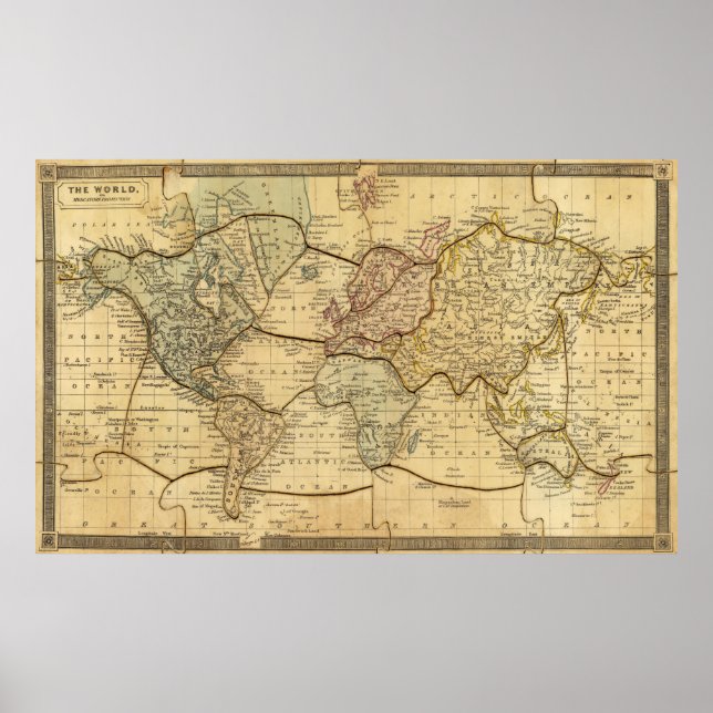 Vintage World Map Puzzle Illustration (1840) Poster (Framsidan)