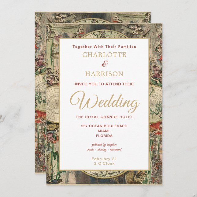 Vintage World Map Travel Theme Bröllop Inbjudningar (Fram/baksida)