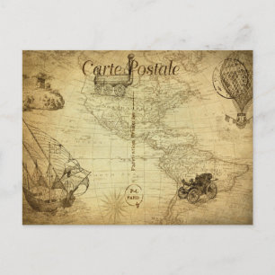 Vintage World Map Travel with Transport Fransk Vykort