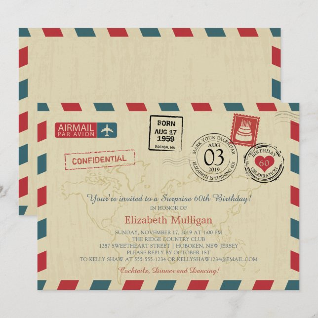 Vintage World Traveler Airmail Födelsedagsfest Inbjudningar (Fram/baksida)