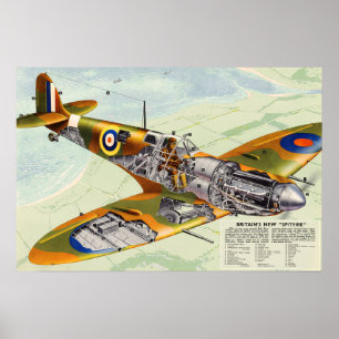 Vintage World War 2 brittisk Spitfire-plan tvärsni Poster