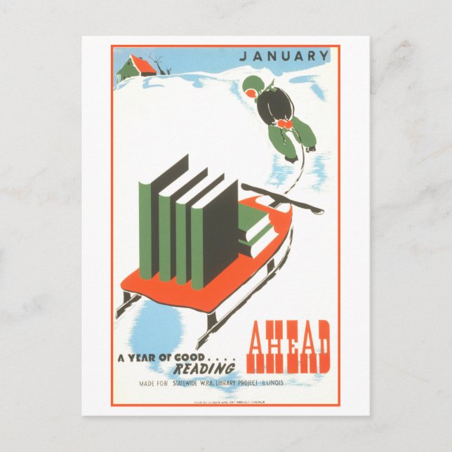 Vintage WPA Bibliotek Poster januari-läsning Vykort (Framsida)