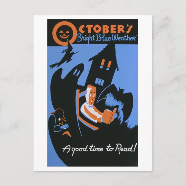 Vintage WPA Bibliotek Poster Oktoberläsning Vykort (Framsida)