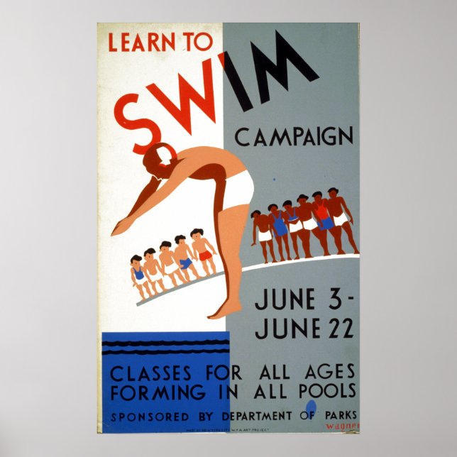 Vintage WPA Lär dig till Simma Kampanj Poster (Framsidan)