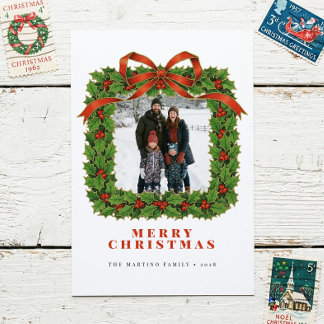Vintage Wreath Photo Christmas Holiday Card Julkort