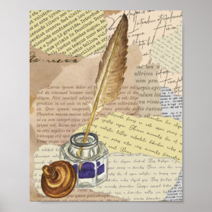 Vintage Writer Collage med Bläck och Quill Poster