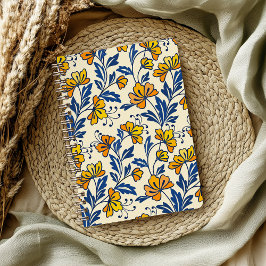 Vintage Yellow Orange Folk Floral Blue Leaf Anteckningsbok