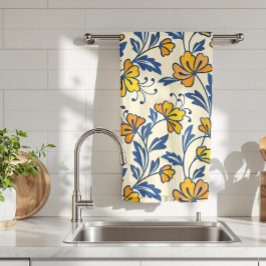 Vintage Yellow Orange Folk Floral Blue Leaf Kökshandduk