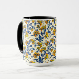 Vintage Yellow Orange Folk Floral Blue Leaf Mugg