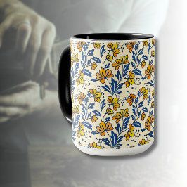 Vintage Yellow Orange Folk Floral Blue Leaf Mugg