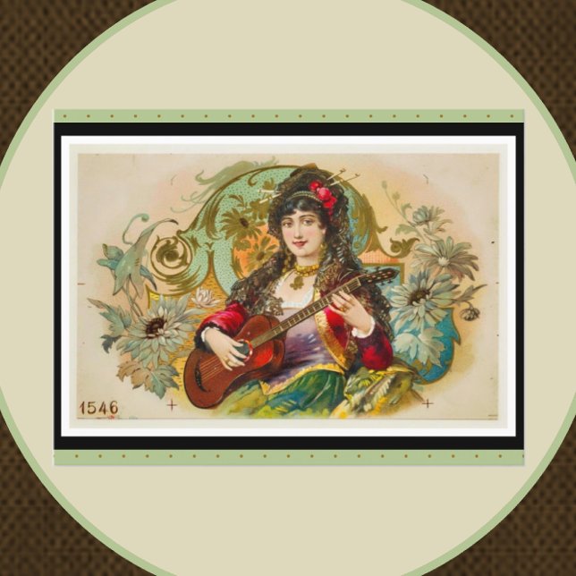 Vintage Young Gypsy Woman Spelar Guitar Vykort (Skapare uppladdad)