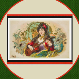 Vintage Young Gypsy Woman Spelar ut Guitar Postcar Vykort