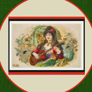Vintage Young Gypsy Woman Spelar ut Guitar Postcar Vykort