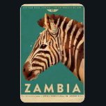 Vintage Zambia Zebra Travel Magnet<br><div class="desc">Unik Stil-affisch för flygresor från Zambia med svart och vit Zebra-huvudmålning på en djup Aqua-blå bakgrund</div>