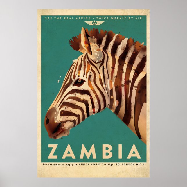 Vintage Zambia Zebra Travel Poster (Framsidan)