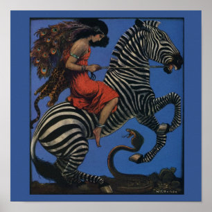 Vintage Zebra med Art nouveau Woman Rider Poster