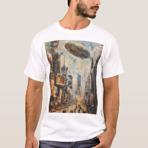 Vintage Zeppelin Airship Over New York City - Oil T Shirt