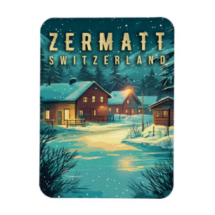 Vintage Zermatt, Schweiz: Snöa Alpernor på natten Magnet