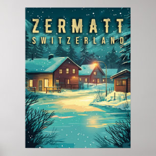 Vintage Zermatt, Schweiz: Snöa Alpernor på natten Poster