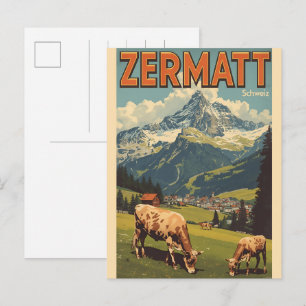 Vintage ZERMATT skidåkning Schweiz natur gåvor Vykort