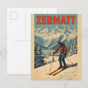 Vintage ZERMATT skidutrustning Schweiz natur gåvor Vykort