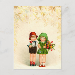 Vintage zwei Kinder und Blumen Vykort